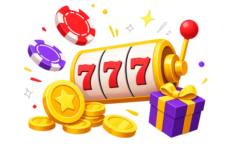 Slot machine with 777 reels, coins, chips and bonus gift